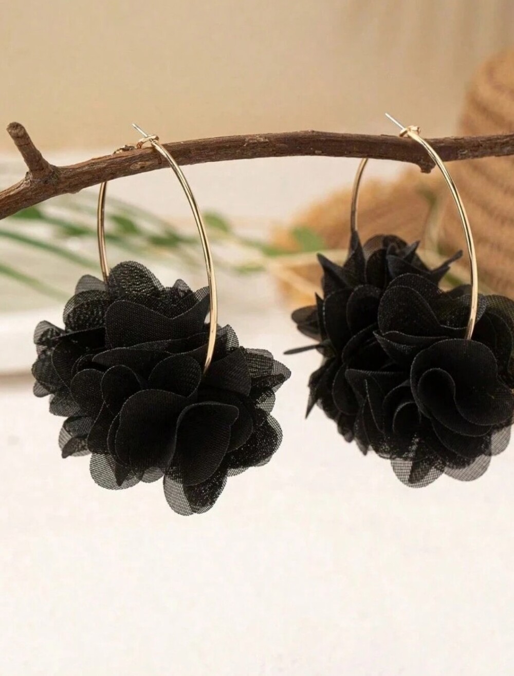 Elegant Black Floral Hoop Earrings - Women's Jewelry